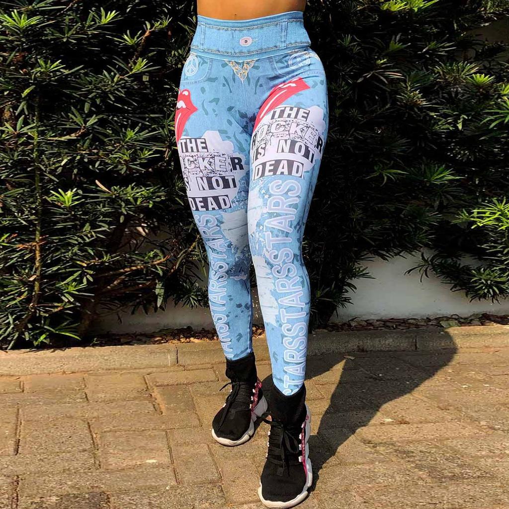 New Women's Big Tongue Letter Print Yoga Pants High Waist Faux Denim Fitness Pants Exercise Yoga