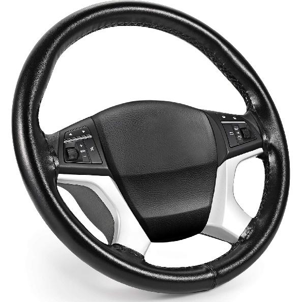 SEG Direct Genuine Leather Steering Wheel Cover, Stitch On Wrap, 15 Inch Steering Wheel Wrap For Car Truck SUV Pickup Boat, DIY Sewing With Needle