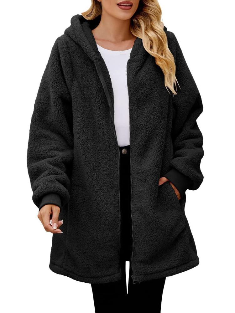 Winter loose plush women's long sleeved hooded zipper cardigan jacket