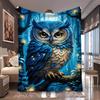 1pc Dark Blue Big-Eyed Owl Starry Night Print Flannel Blanket, Portable And Skin-Friendly, Suitable for Blankets, Kid Bed Covers