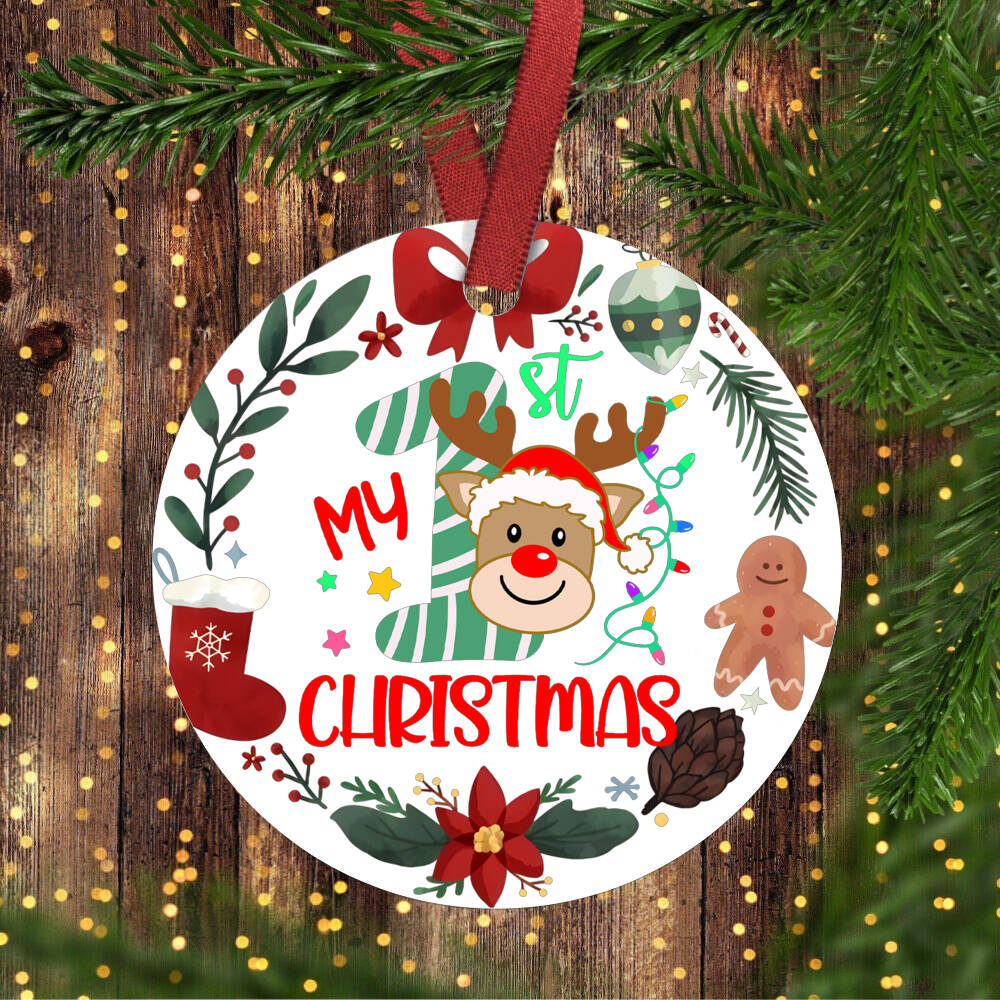 

My First Christmas Family Christmas Round Ornaments Handmade Winter Reindeer Tree Room Door Hanger Pendant Decoration