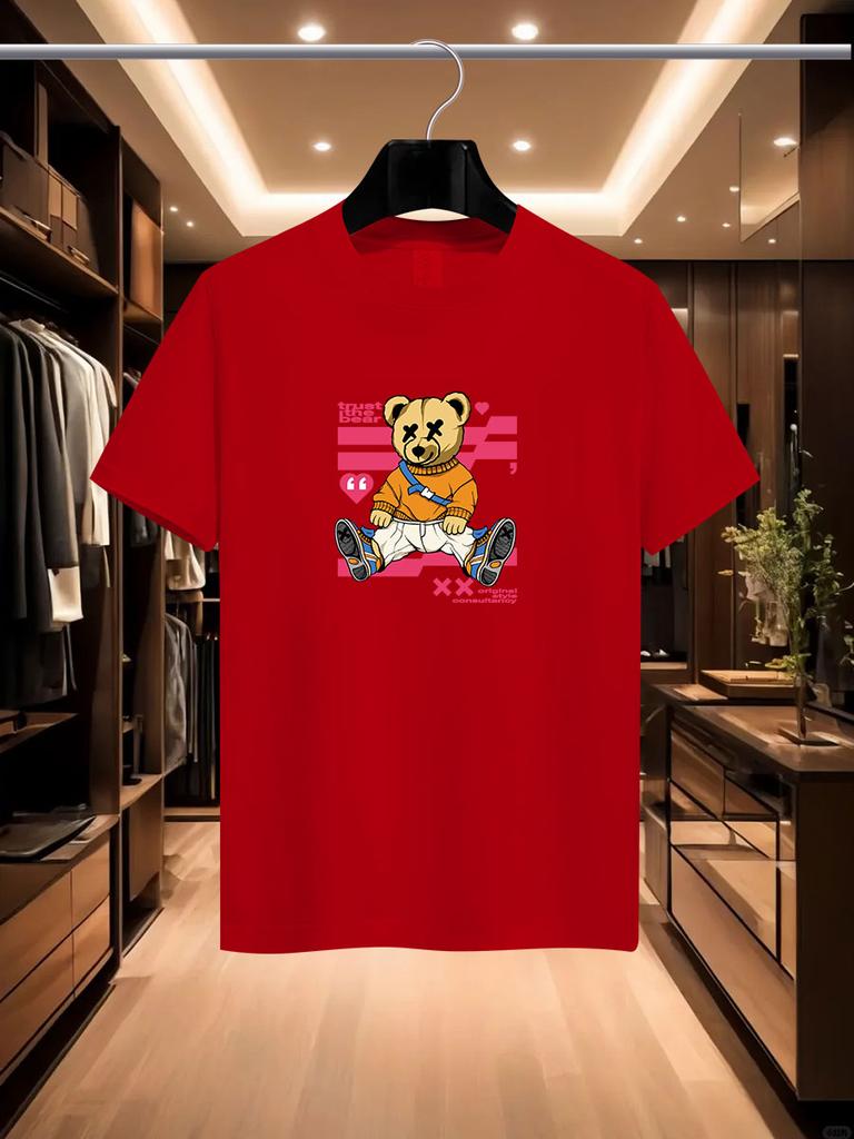 2025 Summer Men's Luxurious and Fashionable Cartoon Bear Brand Printed T-shirt, Pure Cotton Round Neck, Casual and Trendy Y2K