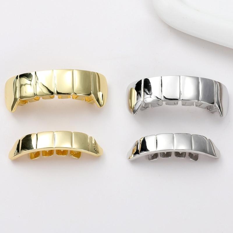 Connected Upper and Lower Tooth Grill Set, Mirror Finish Plated Metal Mouth Jewelry for Party and Stage Styling