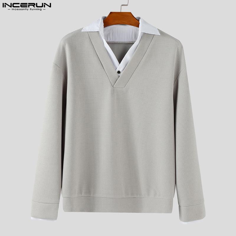 INCERUN Autumn Winter Men Patchwork Lapel Neck Long Sleeve Casual Texture Pullovers