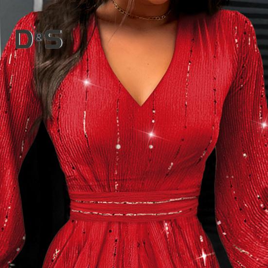 Women Dress Low Cut Deep V Neck Long Lantern Sleeves Solid Color Tight Waist Pleated A Line Big Swing Commute Lady Spring Summer Mini Dress