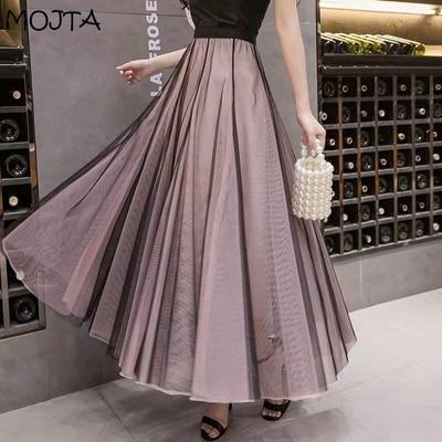 Frauen Hohe Taille Mid-länge Elegante Net Gaze Rock Mehrschichtige Nähte Kontrast Farben A-linie Plissee Rock Weibliche