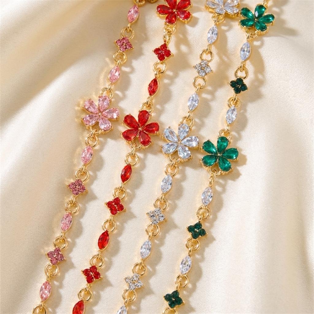 Romantic Colorful Crystal Flower Bracelet for Women Delicate Gold Color Cherry Blossom Chain Aesthetic Jewelry Valentine Gift