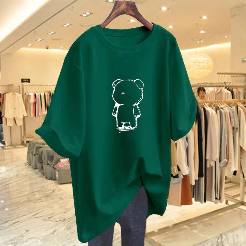 White medium and long bear print T-shirt women's summer 2025 new butt cover large size loose long t-shirt