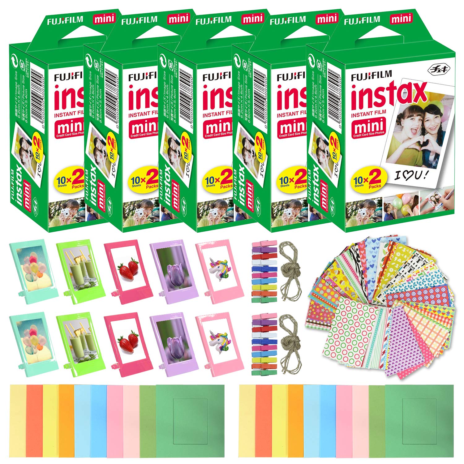 

Fujifilm Instax Mini Instant Film (5 упаковок, 100 аркушів) 10 пластикових настільних рамок + 20 паперових рамок плюс 60 рамок для наклейок