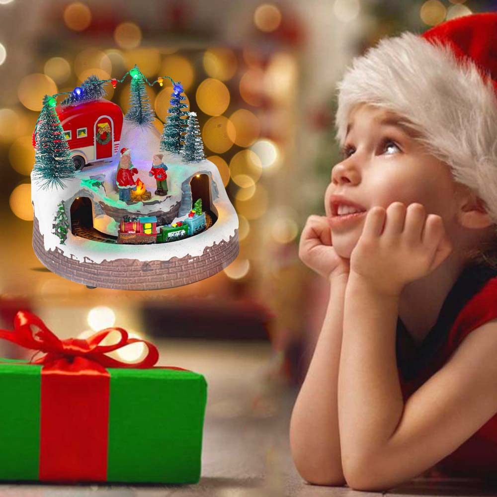 Christmas Village Houses Campfire Scene with LED Lights and Moving Train Indoor Home Tabletop Decorations Holiday Displays USB