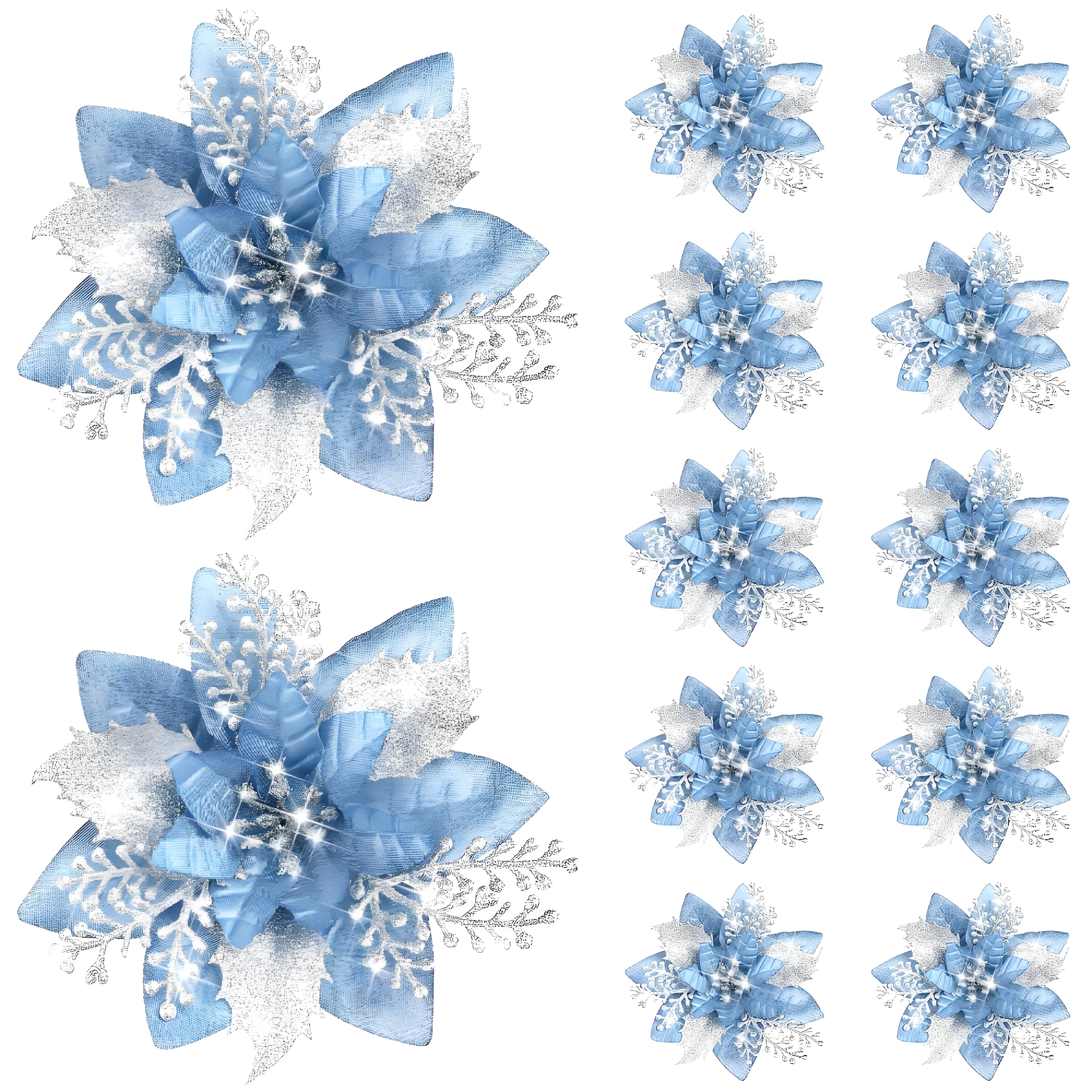 

Набор из 20 блестящих клипс в виде пуансеттии | 5,7 дюйма Рождественские украшения для елки | для венков гирлянд и праздничного декора небесно-голубой