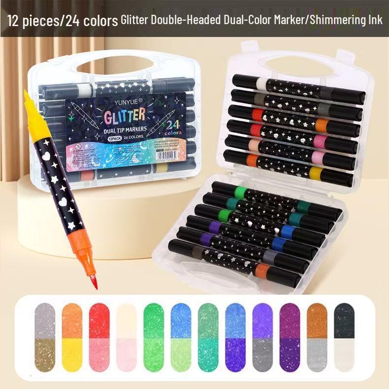 Double-Ended Glitter Marker Pen: Soft-Tip Watercolor Pen for Journaling & Painting, Non-Toxic & Washable, Ideal for Kids