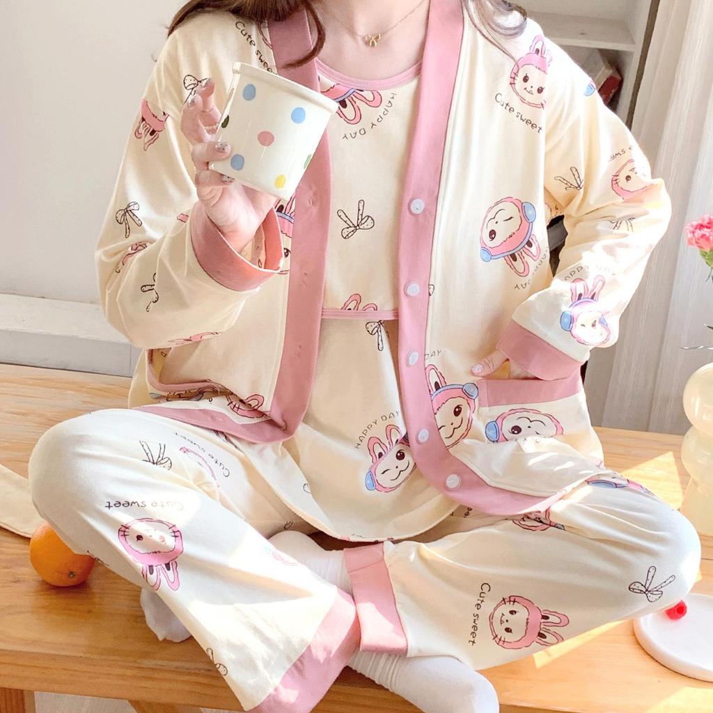 Spring & Autumn Maternity Pajama Set: Breathable Three-Piece for Delivery & Breastfeeding with Absorbent Breast Pads