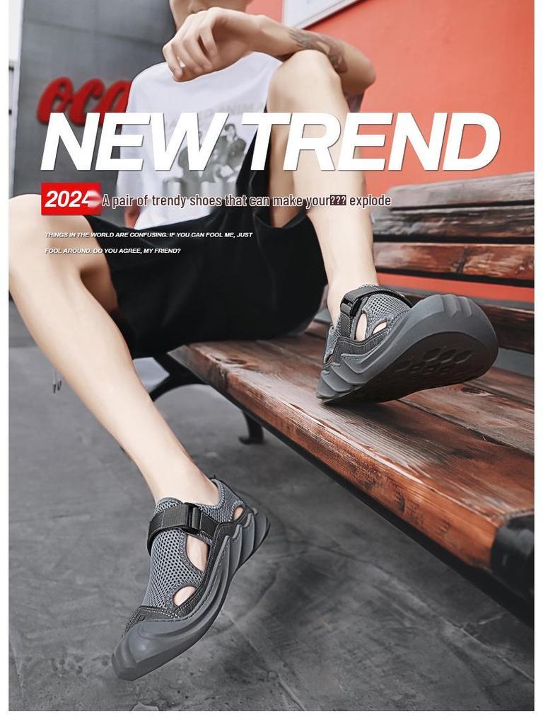 Men's 2024 Summer Genuine Leather Mesh Sandals - Breathable Soft Sole Casual Beach Shoes