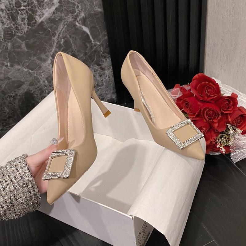 Fashion Rhinestone Square Toe Stiletto Single Fall New Pointed Toe Shallow Mouth Slip-on Non-Slip High Heels