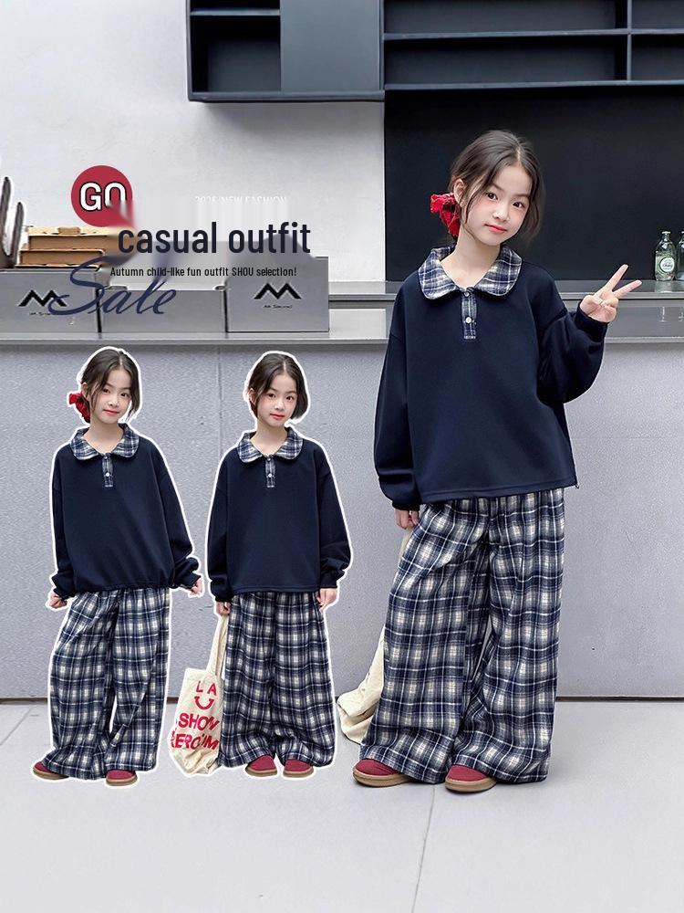 2025 Neues Frühherbst Mädchen Sweatshirt-Set mit Umlegekragen für die Mittelschule
