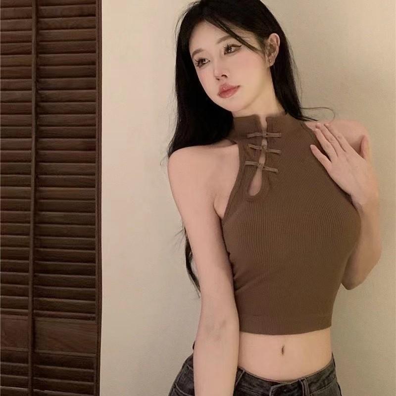 Autumn Retro Cheongsam Buttoned Camisole - Sexy Sleeveless Halter Top for Women