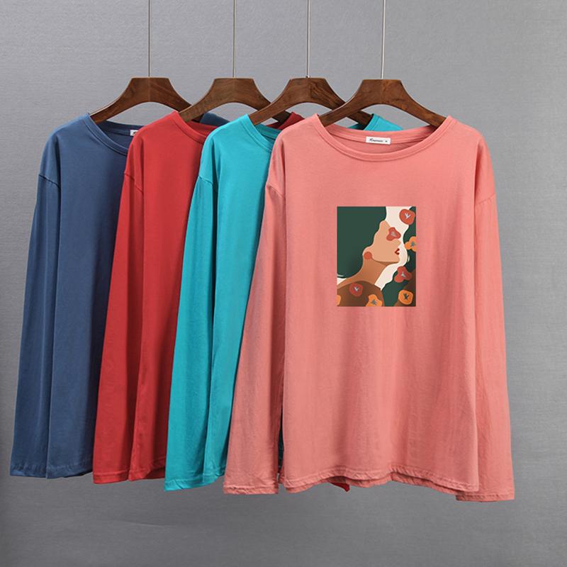 Tricou din bumbac cu mânecă lungă de primăvară Hirsionsan Tricou cu imprimeu estetică abstractă cu figurine pentru femeie pentru petrecere a timpului liber cu gâtul în formă de topuri simple