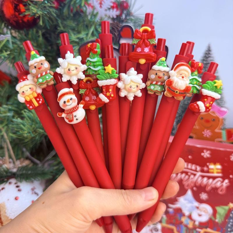 10Pcs Christmas Snowman Patch-Themed Retractable Ballpoint Pens - Red Soft Grip Pens with Random Christmas Designs, Fine Point, Ideal for Students and