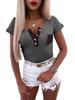 2023 Lente Zomer Knopen T-shirt Dames V-hals Slim Tee Korte mouw Mode Dames Kantoor Tops Effen Casual T-shirt Top 25075