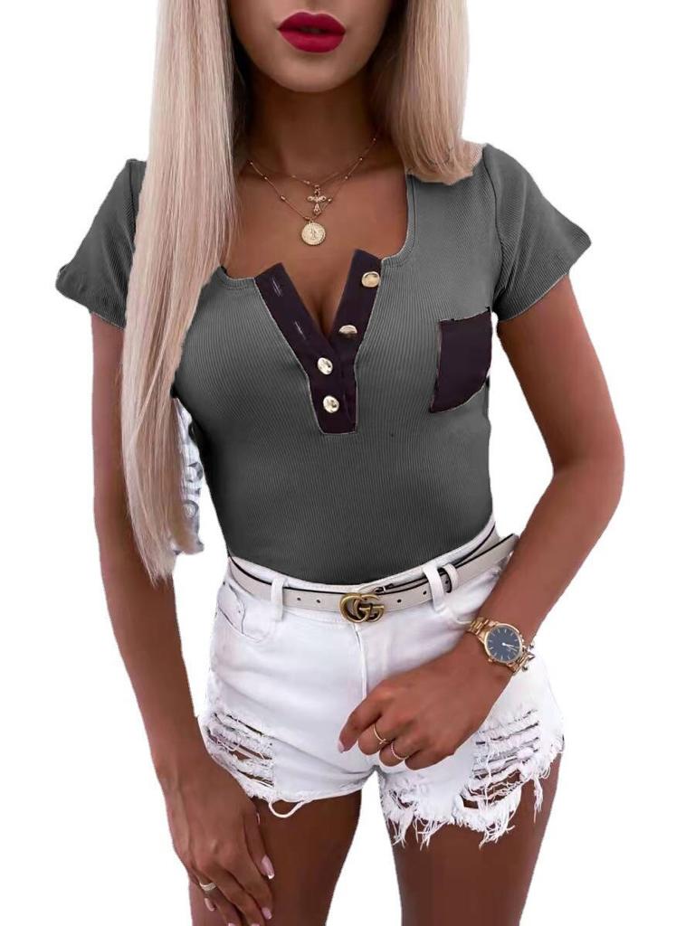 2023 Lente Zomer Knopen T-shirt Dames V-hals Slim Tee Korte mouw Mode Dames Kantoor Tops Effen Casual T-shirt Top 25075