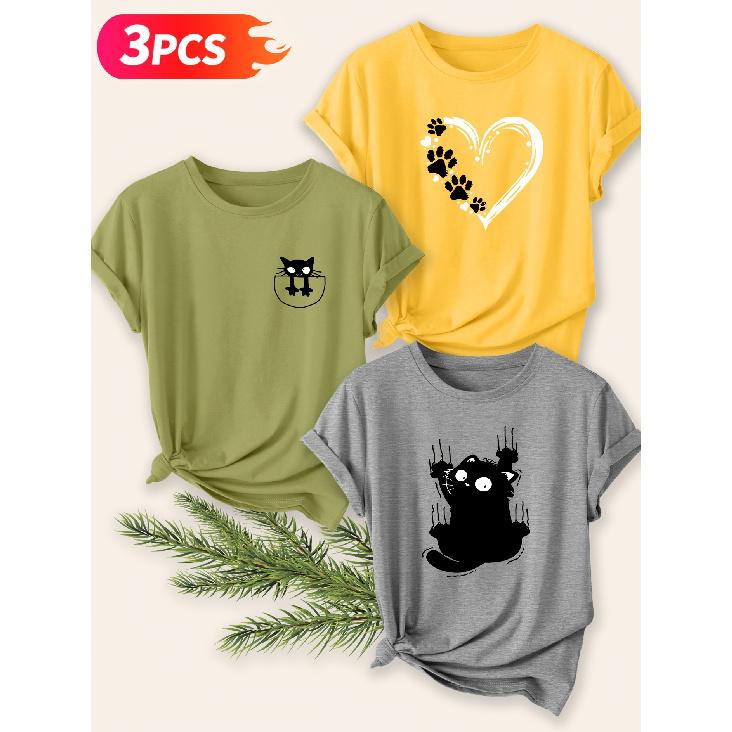 Three-piece Set Elegant Short-sleeved Shirt for Women Cat Pet-themed Printed Round-neck Women's Shirt T Shirt Suitable for Spring Wear Summer