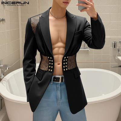 Men Lapel Long Sleeve Mesh Patchwork See Through Casual Thin Blazer Coats