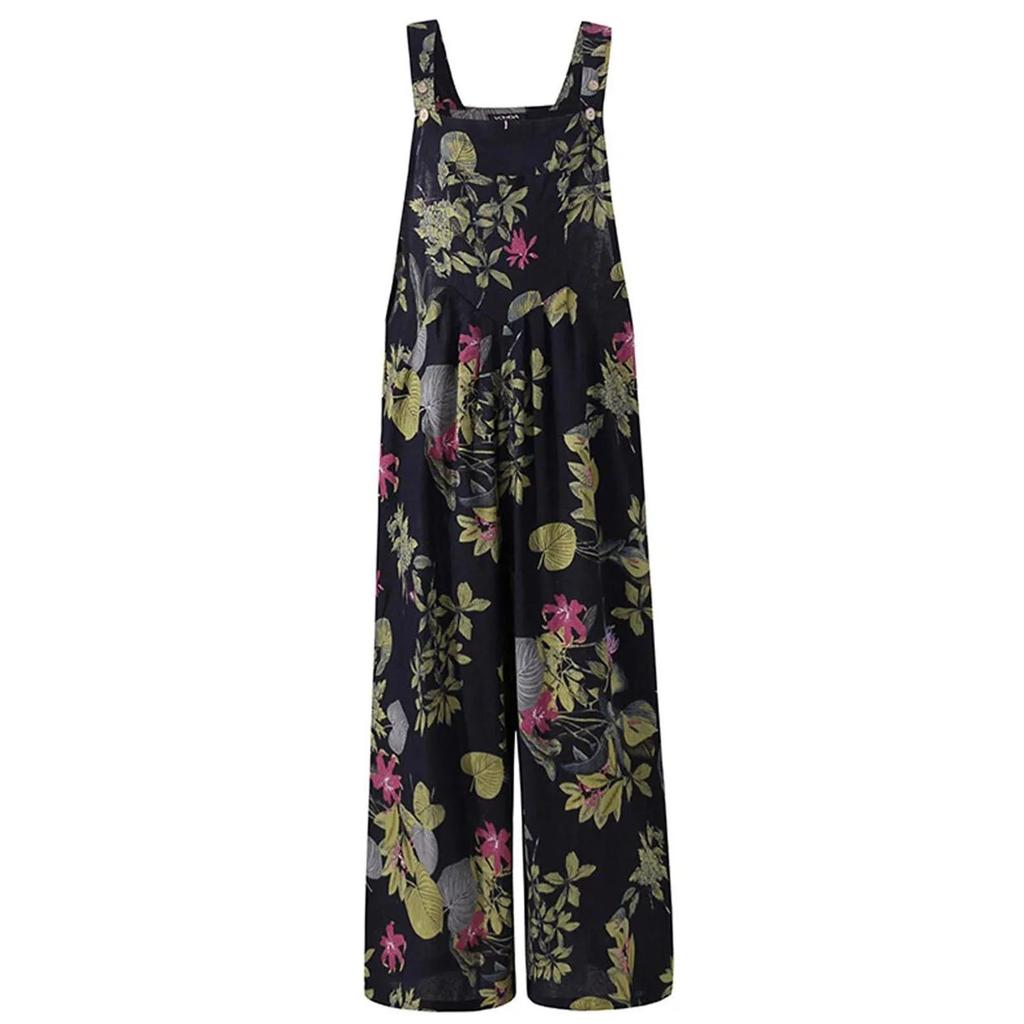Women Ethnic Style Jumpsuits Summer Overalls Multicolor Square Neck Sleeveless Casual Rompers with Pockets for Girls Playsuit
