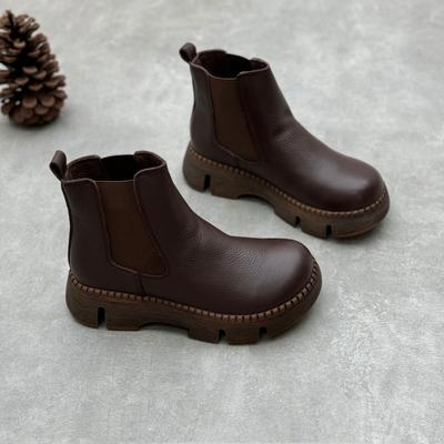 Bottes courtes en cuir véritable à semelles épaisses et bout rond pour femmes