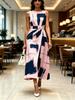 Pink Navy Blue Abstract Printed Round Neck Sleeveless Midi Dress Modern Elegant Casual Fashion Women's Clothing For Spring Summer And Autumn