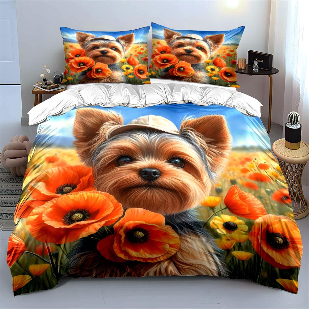 Dog-Inspired Floral Field Set Exquisite three-piece bedding set gift for kids and adults