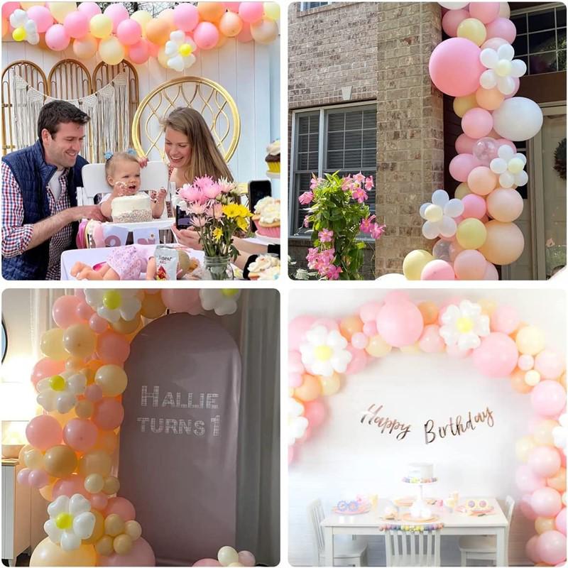Colorful Macaron Daisy Wedding Dessert Table Decoration Set with Balloon and Flower Garland