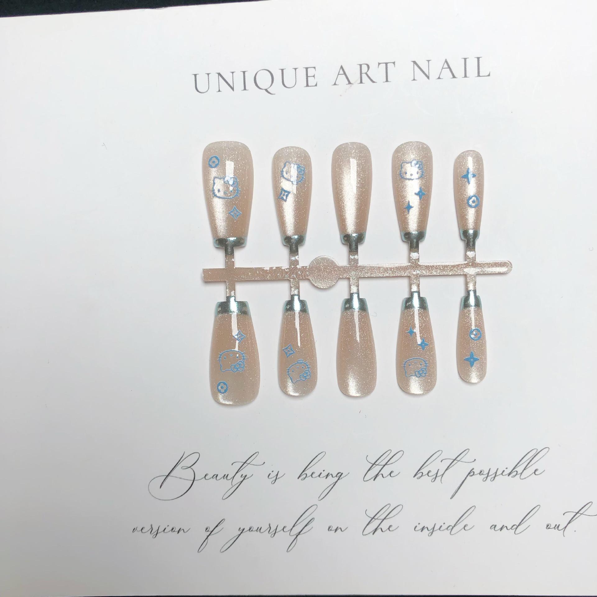 

Blue Magic Cat Eye Mirror Powder Press-On Nails - French Crystal Stone Design, Long Cool Style Kit - 30 Pieces