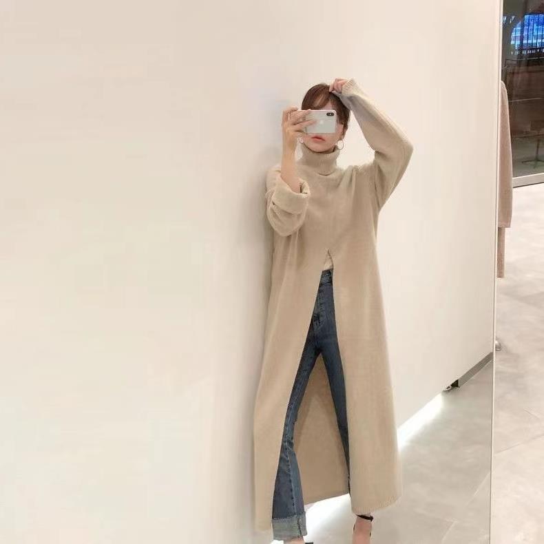 

Корейский шик Свитер крупной вязки с высоким воротом свободного кроя до колена, стройнящий, для женщин - Осень/Зима Нишевый дизайн