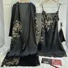 Women's Cherry Print Silk-Style Pajama Set: Thin Robe & Ice Silk Camisole Nightgown