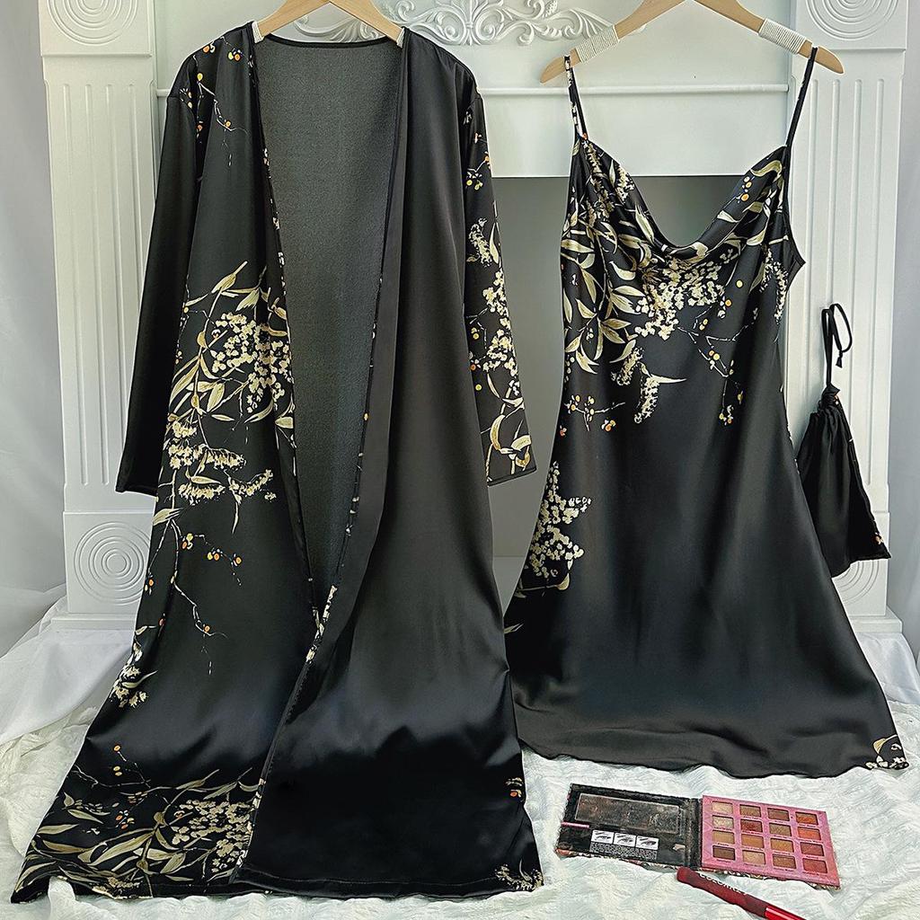 Women's Cherry Print Silk-Style Pajama Set: Thin Robe & Ice Silk Camisole Nightgown