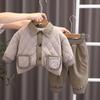 Boys' Trendy Fleece-lined Diamond Pattern Jacket & Pants Set