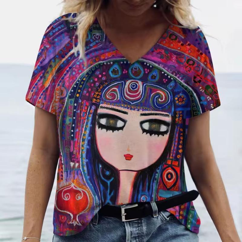 Summer Cartoon T Shirt Women Gilr Graphic 3D Print V-Neck Short Sleeve Pullover Outdoor Casual Y2k Clothing Female T-Shirts