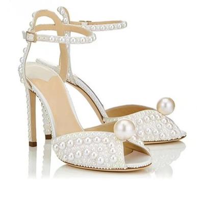 Women Sandals Fashion High Quality Wedding Shoes Women New Pearls Studs Luxury Peep Toe High Heels Woman Shoes Zapatos De Mujer