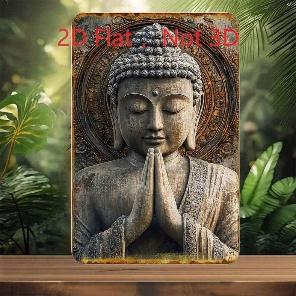Retro Praying Buddha Statue Aluminum Tin Sign 20x30cm Metal Wall Decor for Meditation Living Room Home