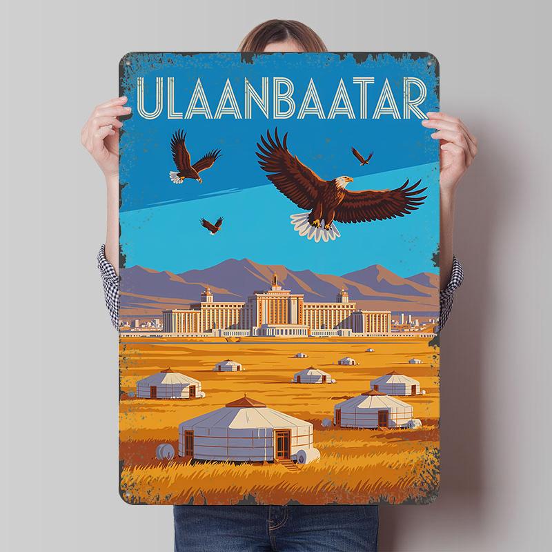 

Ulaanbaatar Travel With Eagles Tinplate Poster Customized Wall Art Vintage Retro Metal Signs for Room Ornaments Home Decor Items 7.9x11.8In(20x30cm)