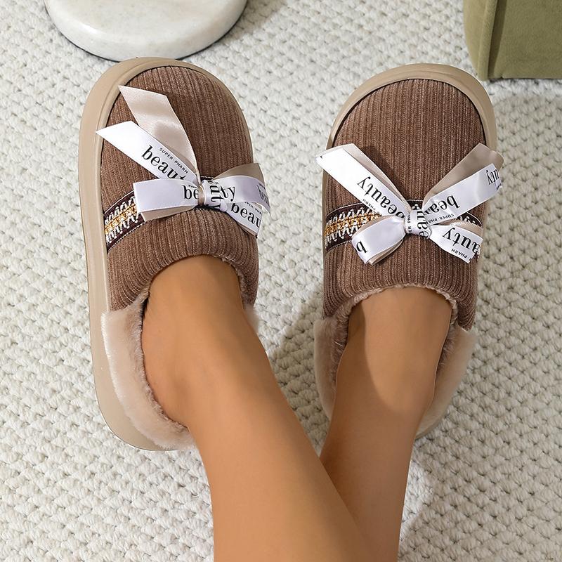 Fashion Bow Casual Women's Slippers Home Plush Luxury Designer Woman Shoes Winter Indoor Fuzzy Fur Slides Flats Elegant Footwear Soft