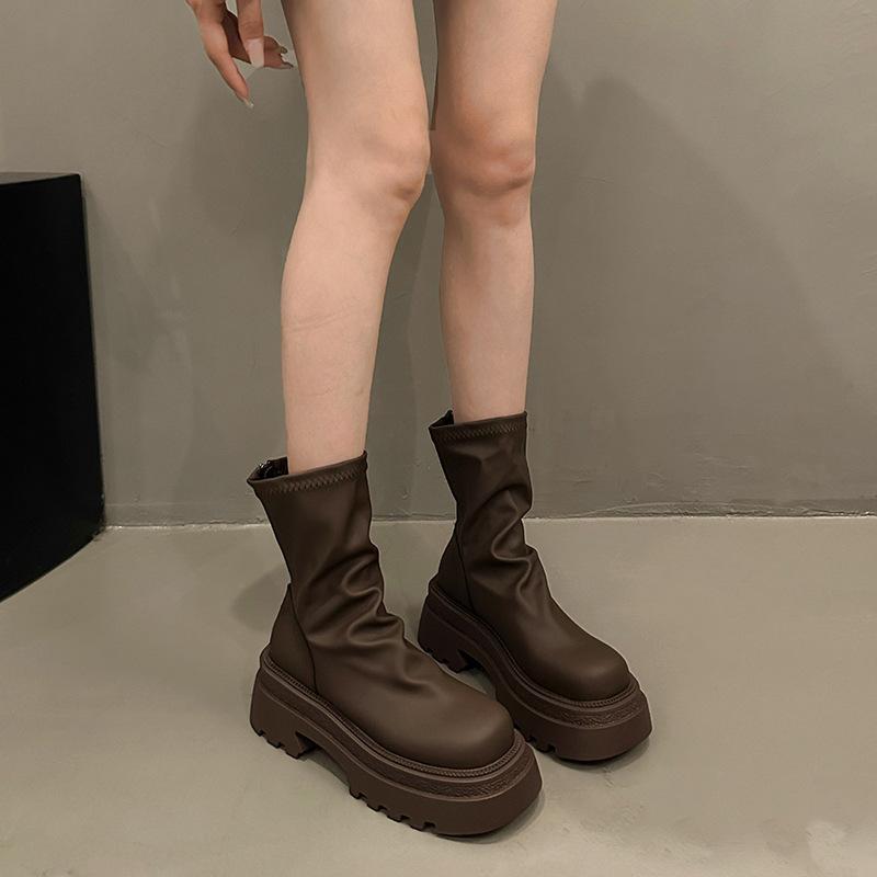 

Coarse heel short boots women s 2025 autumn and winter new thick-soled pleated stacking boots fashionable small thin elastic thin boots 40