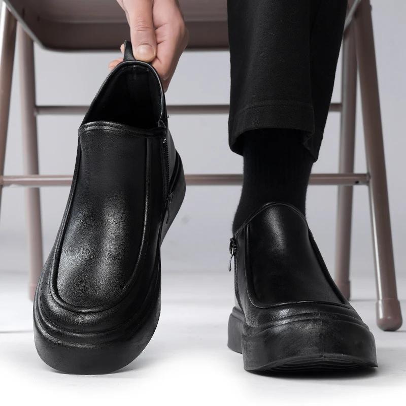 2025 New Men's Leather Boots Classic Design Casual Formal Shoes Autumn and Winter Convenient Shoes Black Velvet Warm Snow Boots