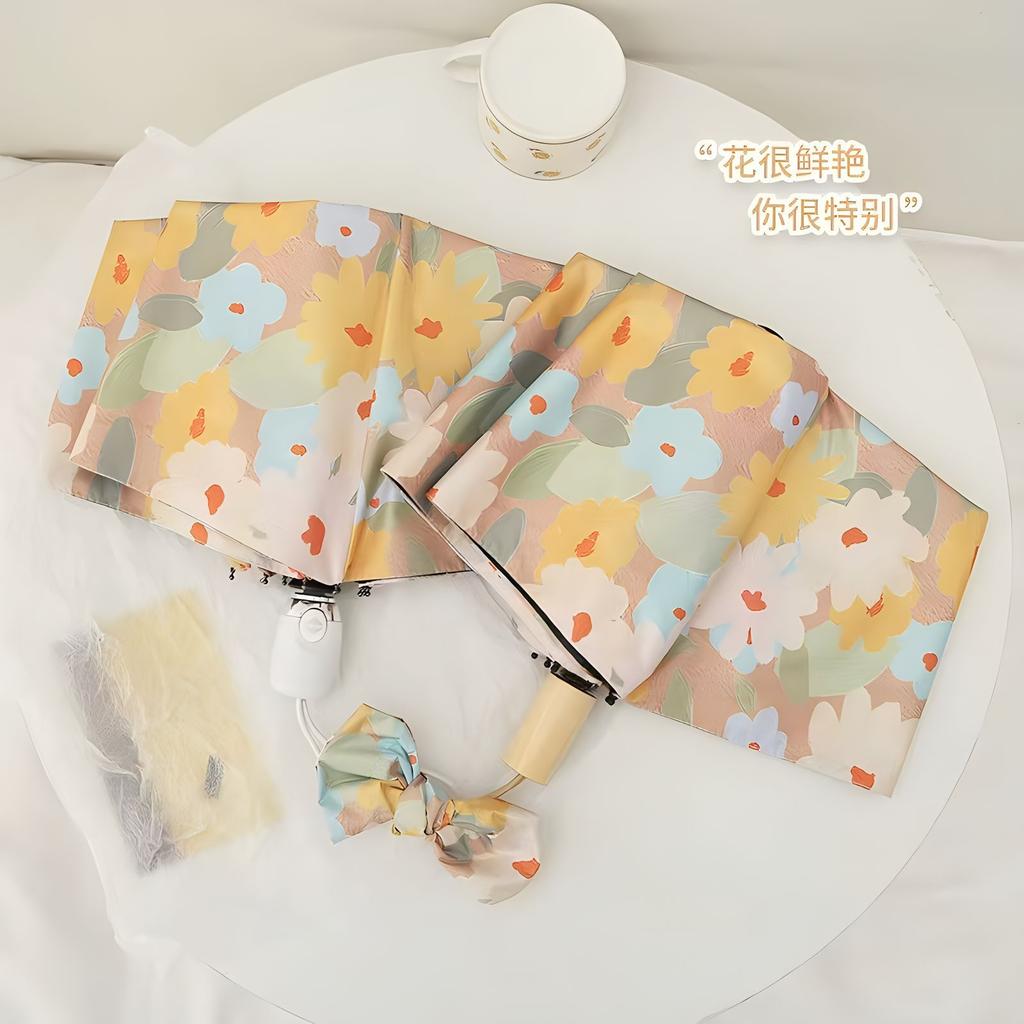 Triple fold small fresh automatic umbrella small daisy bow vinyl sunscreen parasol plus umbrella