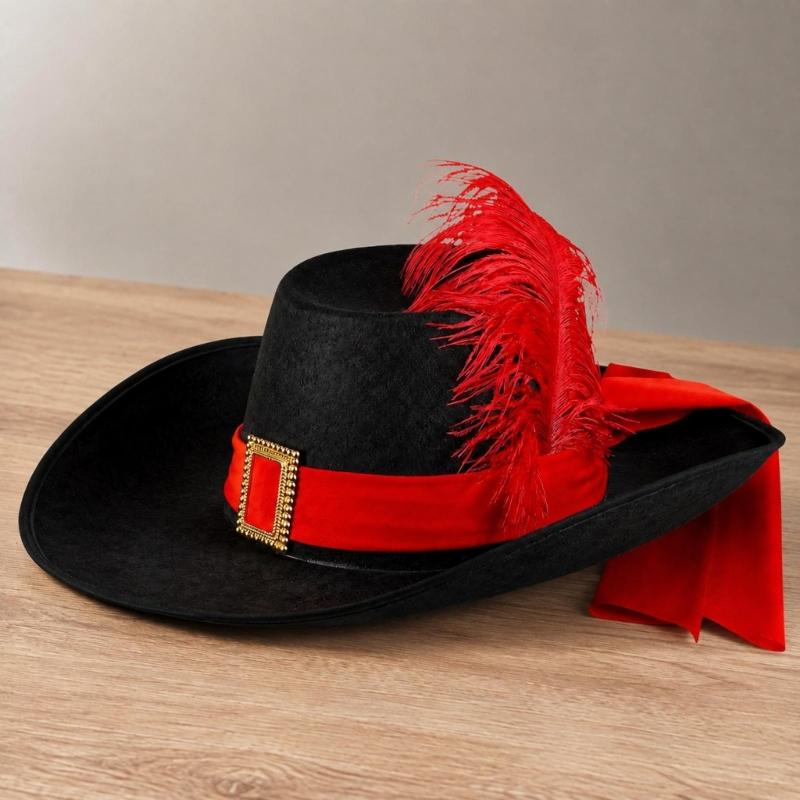 Feathered Musketeer Character Hat with Cloth Construction, Hatband and High Profile for Halloween Costume Parties