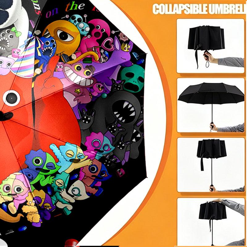 Custom Name Personalized Game Rainbow Friends Print Umbrella, Auto Open Close, 8‑Rib Sturdy Frame, Commute Camping Hiking Use, Birthday Gift