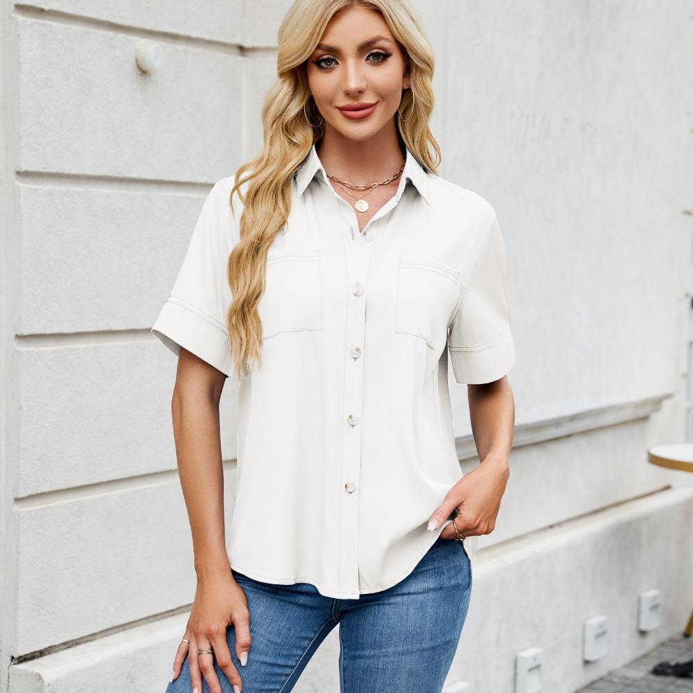 Women's Short-sleeved T-shirt Spring and Summer New Shirt Row Buckle Imitation Denim Short-sleeved Loose Shirt