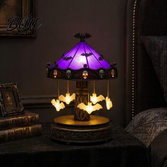 Retro Resin Table Lamp Halloween Ghost Carousel Lights Gothic Stained Glass Night Light with Copper Unique Housewarming Gift Base USB Rechargeable