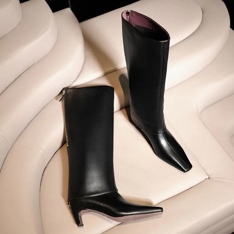 Fashion New Red Black Sheepskin Back Zipper Knee High Boots European American Square Headed Sexy 5.5cm High-heel Women Boots Size 34-41